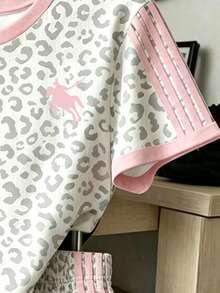 Teen Girls Pink Contrast Collar Pink Striped Pattern Grey Leopard Print All-Over Print Shorts Set Suitable For Outings Street Casual Daily Basic - Multicolor - View 3