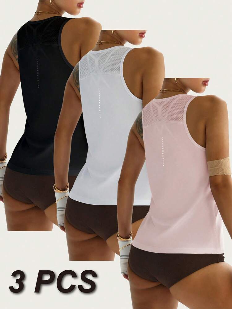 SHEIN Velisys 女款素色休閒圓領時尚運動背心 3件組 - 白色 - 查看 2