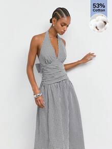 Maija Women's Plaid Waist Pleated Deep V-Neck Halter Long Dress,Going Out Outfits - Black and White - View 6