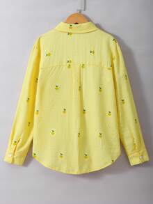 SHEIN 青少年女孩黃色條紋鳳梨刺繡長袖襯衫，甜美夏季日常款，適合上學、日常休閒、度假、購物，春夏季穿著 - 黃色 - 查看 2