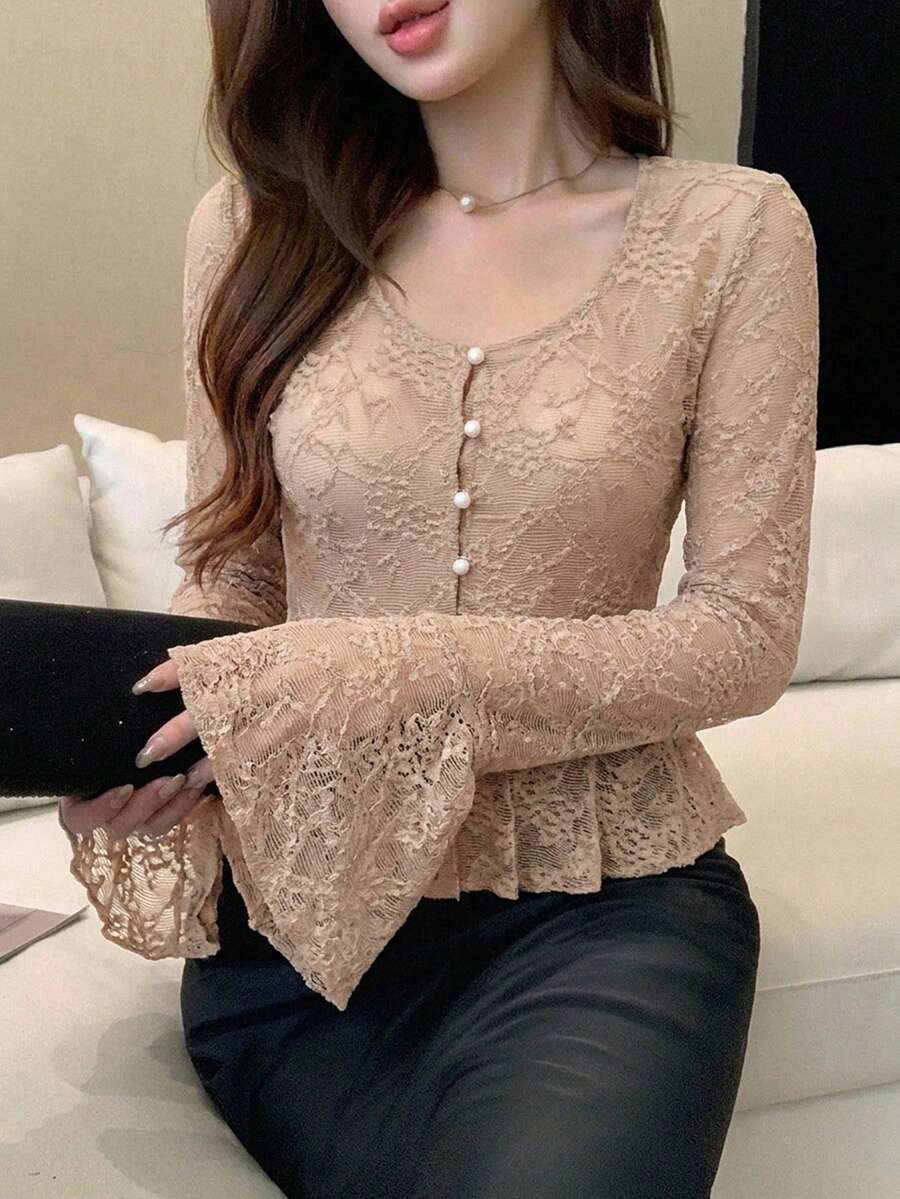 DAZY 女款優雅蕾絲上衣,棕色秋季喇叭袖,修身版型荷葉邊拼接紋理壓褶上衣,適合茶會、婚禮、情人節 - 杏色 - 查看 1