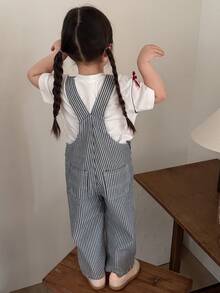DAZY Peto de mezclilla casual a rayas estilo coreano para bebé/niña pequeña - Azul y blanco - Ver 2