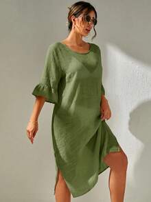 Swim Basics Women's Solid Color V-Neck Ruffle Sleeve Mask Dress For Vacation - Army Green - View 5