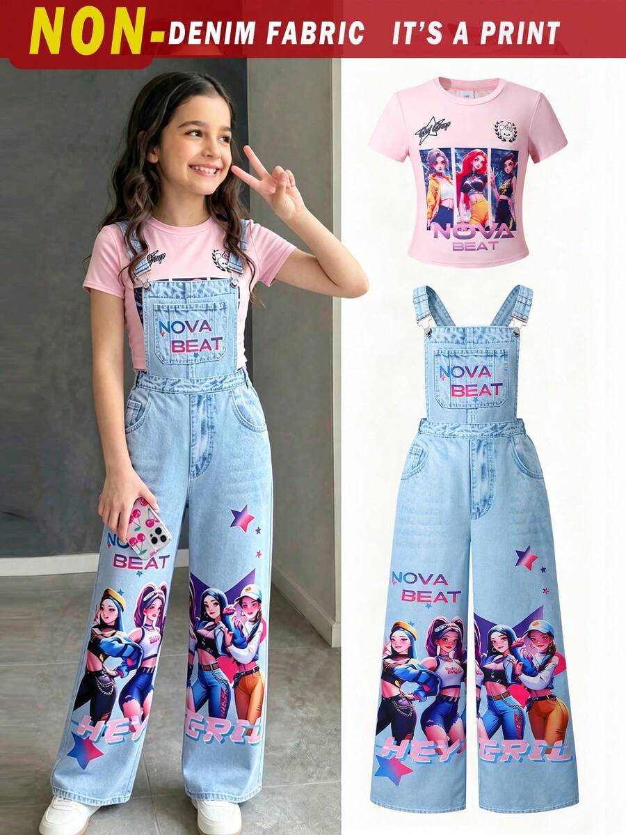 SHEIN 青少年女孩圓領修身短袖卡通印花T恤搭配字母印花吊帶褲2件套 夏季休閒酷感卡通套裝 - 藍色 - 查看 1