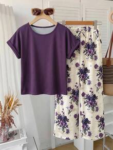 SHEIN Tween Girl Loose Casual Simple Comfortable Round Neck Short Sleeve Striped T-Shirt And Long Pants Set - Purple - View 5