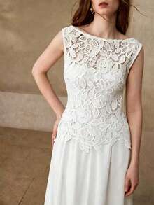 MOTF PREMIUM WOMEN'S ELEGANT CONTRAST GUIPURE LACE SLEEVELESS WAIST-CINCHING LONG DRESS - White - View 5