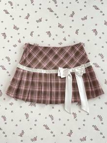 Elamini Damen Sommer Neu Rosa & Braun Karomuster Stoff Patchwork Schleife Dekoration Süß Niedlich Plissee Rock, geeignet für Einkaufen, Partys, Dates, Pendeln und tägliche Ausflüge - Verschiedenfarbig - Übersicht 3