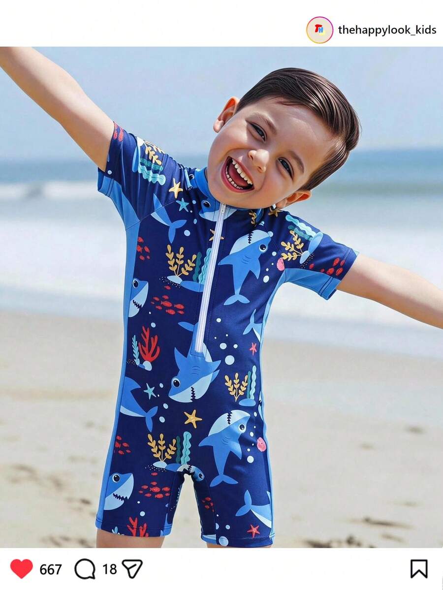 SHEIN THE HAPPY LOOK 小男孩卡通印花短袖連身泳裝短褲,連身泳衣,適合海邊度假、泳池派對、海灘派對 - 藍色 - 查看 1
