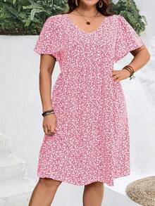 EMERY ROSE Vestido de vacaciones de verano con mangas con volantes y estampado floral pequeño para mujer de talla grande - Rosa coral - Ver 6