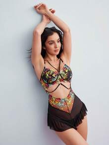 Elorette Elegant Retro Colorful Embroidery Backless Mesh Ruffle Hem Sexy Women Lingerie Jumpsuit - Black - View 5