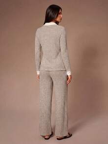 Lazeform Contrast Color Collar Casual Ribbed Women Home Lounge Set Cozy Outfit, Fall Winter Clothes - Multicolor - View 2