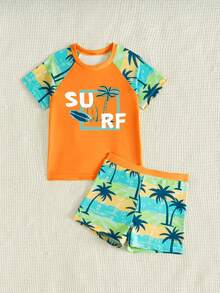 Bubblio Young Boy Casual Loose Fit Round Neck Short Sleeve T-Shirt And Shorts Swimwear Set, Suitable For Summer - Multicolor - View 3