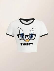 LOONEY TUNES X SHEIN 女士夏季卡通图案短款 T 恤 - 白色 - 查看 1
