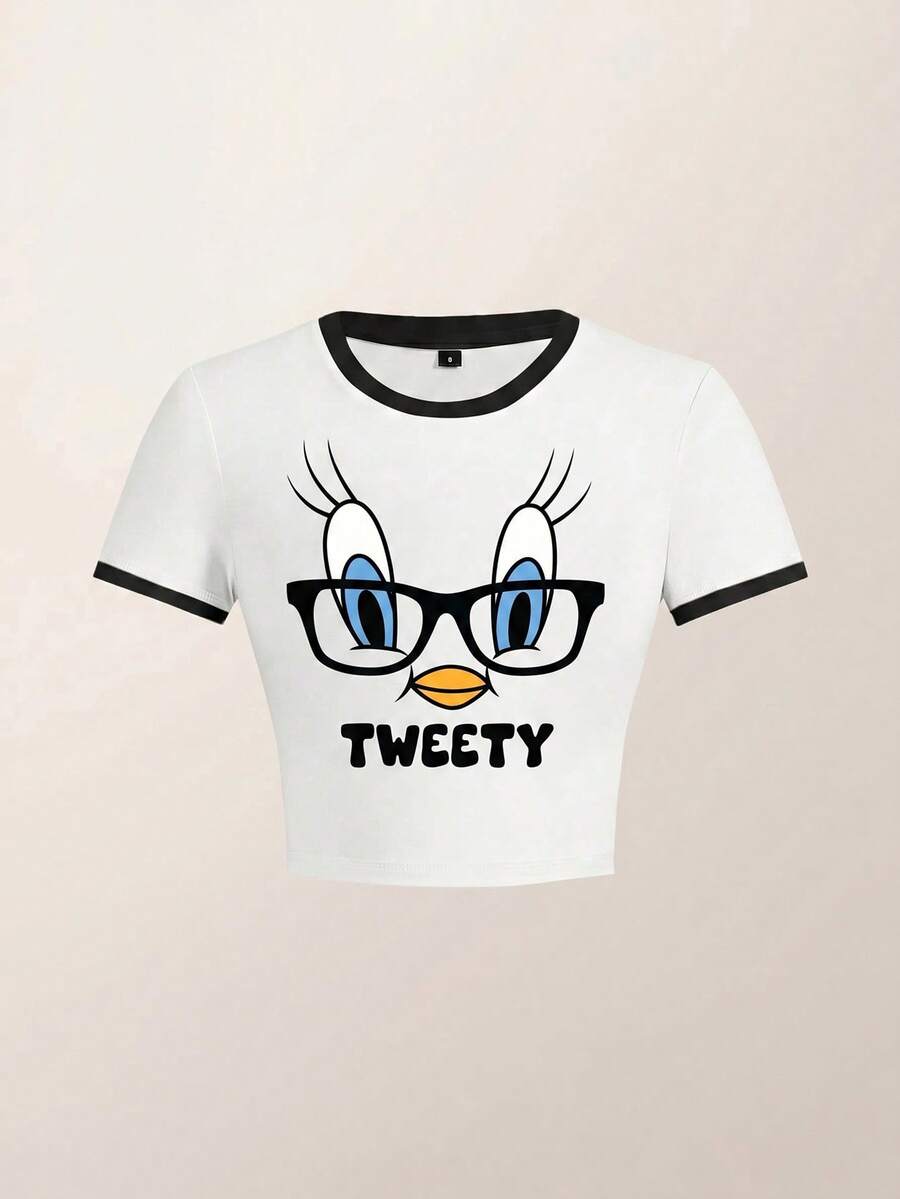 LOONEY TUNES X SHEIN 女士夏季卡通图案短款 T 恤 - 白色 - 查看 1