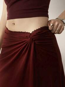 Aralina Women's Autumn Lace Waist Trim Detail Asymmetrical Hem Ruched Front Detail Holiday Vacation Beach Date Work Festival Knee Length Skirt Burgundy Casual - Burgundy - View 4