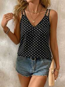 EMERY ROSE Casual Simple Black Polka Dot Pattern Plus Size Women's Camisole Tank Top Suitable For Summer - Black - View 4