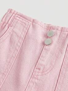 SHEIN 女嬰純色甜美鈕扣口袋寬鬆休閒牛仔長褲 - 粉色 - 查看 3