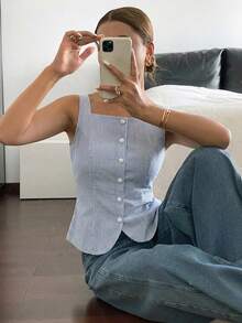Siren Gaze 女款休閒優雅條紋印花背心上衣，51%棉，夏季女裝上衣 - 彩色 - 查看 5
