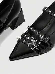 ROMWE Grunge Punk Elegant Pointed Toe Chunky Heel Lacquer Leather Pumps For Christmas Y2K 2000s Style - Woohoo - View 4