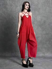 Glisette Black Sexy Loose Sleeveless Jumpsuit - Red - View 7