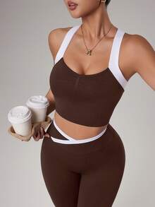 SHEIN Dewbera 1 Set Brown Seamless Sports Set, Sleeveless Backless, Soft & Comfortable Fitted, Suitable For Workout, Running, Casual, Yoga - Brown - View 4