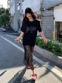 DAZY Women's Korean Style 2 In 1 Lace Patchwork Letter Print Short Sleeve Summer Midi Dress Going Out Travel Black Goth Casual - Black - View 3