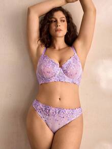 Charlaine 2pcs/Set Women Plus Size Pink Lingerie Set, Lift - Purple - View 1