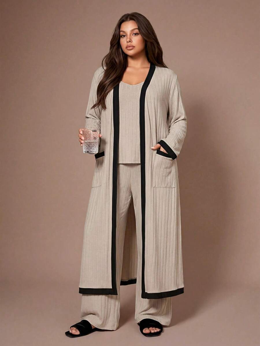Lazeform Plus Size Contrast Color Robe & Cami Top & Pants Set, Fall & Winter Clothes Sleep Wear, Loose, Cozy Outfit - Apricot - View 1