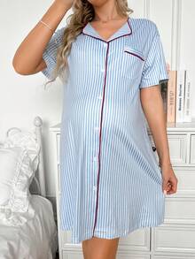 Moonlight&Mama Casual Striped Print Front Pocket Side Slit Button-Up Maternity Dress Nightgown - Multicolor - View 4