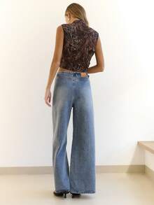 Nöista Medium-Waist Wide-Leg Denim With Metallic Button. Ideal For City,Casual,Summer,Autumn,Everyday,Party - Medium Wash - View 3