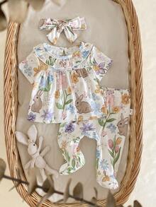 SHEIN 3pcs/Set Spring/Summer Newborn Baby Girl Loungewear Set, Apricot Color, Cute Ditsy Floral & Rabbit - White - View 3