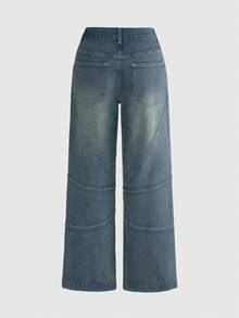 ROMWE Women's Denim Long Pants Floor-Length Asymmetric Split Hem Button Detail Street Style Y2k Casual Hot Girl Low Waist Autumn Back-To-School Aqua Blue - Blue - View 2
