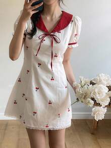 DAZY Women's Petal Sleeve Bow Decor Cherry Print Short Dress Sundress Summer Vacation - White - View 3