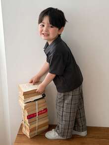 DAZY 嬰兒/幼兒(男童)圓領純色休閒T恤與格紋長褲2件套 夏季 - 灰色 - 查看 3