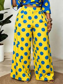 Maweii Plus Size Women's Dopamine High Saturation Color Block Polka Dot Draped Wide Leg Pants, Slimming Straight Leg Long Pants, Summer Vacation Casual Floor-Length Pants - Pale Yellow - View 3