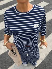 Muchica Navy Blue Plus Size 2pcs Set: Round Neck Short Sleeve Top And Pants - Navy Blue - View 6
