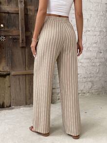 SHEIN Frenchy Women's Waist Tie Striped Straight Leg Casual Long Pants - Khaki - View 2