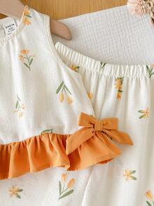 Multicolor Polyester Ruffle Flounce Sleeve Tank Top Co-Ord With Plants Pattern For Baby Girls Vacation Styl - Yellow - View 4