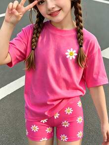 2pcs Young Girl Casual Set, Daisy Face Print Crew Neck Short Sleeve Top With Matching Elastic Waist Shorts, Suitable For Outings, Shopping And Daily Wear In Spring And Summer - Multicolor - View 4