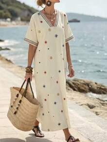 Isle Nomé Women's Striped V-Neck Short Sleeve Casual Tropical Boho Jamican Sexy Loose Fit Vacation Dress Beach Beige Summer - Beige - View 7