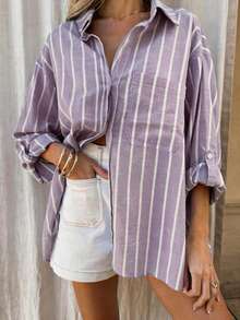 Vaclyn Women's Striped Colorblock Single-Breasted Fashion Pocket Long Sleeve Shirt - Purple - View 5