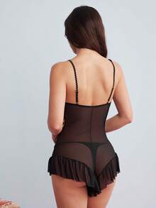Elorette Elegant Retro Colorful Embroidery Backless Mesh Ruffle Hem Sexy Women Lingerie Jumpsuit - Black - View 7