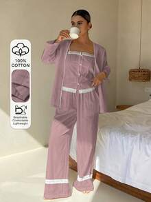 DAZY 3件組度假風女款睡衣套裝，含3D波點無袖背心、長袖開襟衫與直筒長褲 - 紫色 - 查看 4