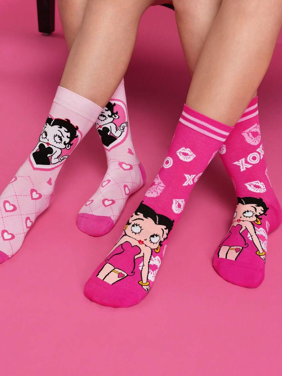 Betty Boop x SHEIN 2雙女款可愛卡通角色圖案中筒襪，禮物，XOXO，親吻，愛，禮物靈感，派對，節日，情人節 - 彩色 - 查看 1