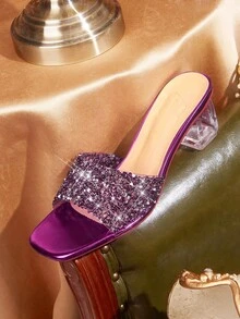 CUCCOO TILAWA Transparent Asymmetrical Chunky Heel Women's Glass Rhinestone Sandals - Purple - View 4