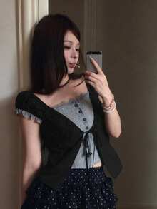 Joudiya Women's Casual 2 In 1 Splicing Shirt, Versatile For Daily Wear Everyday Blackness Summer Cute Top Going Out Tops Off The Shoulder Tops - Black - View 9