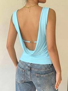 Siren Gaze Women's Solid Color Round Neck Backless Casual Tank Top Turquoise,Teal Blue,Light Blue - Cadet Blue - View 2