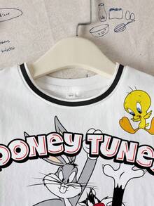 LOONEY TUNES X SHEIN 青少年男孩夏季休闲字母和卡通动物印花拼布条纹装饰 T 恤 - 白色 - 查看 3