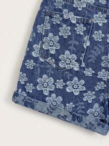 GlowEve Summer Rolled Hem Floral Pattern High-Rise Denim Shorts - Blue - View 4