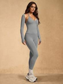Silquee Women's Solid Color Halter Neck Tank Top And Leggings Sports Set Date Night Party Festival Victoria Secret - Grey - View 2
